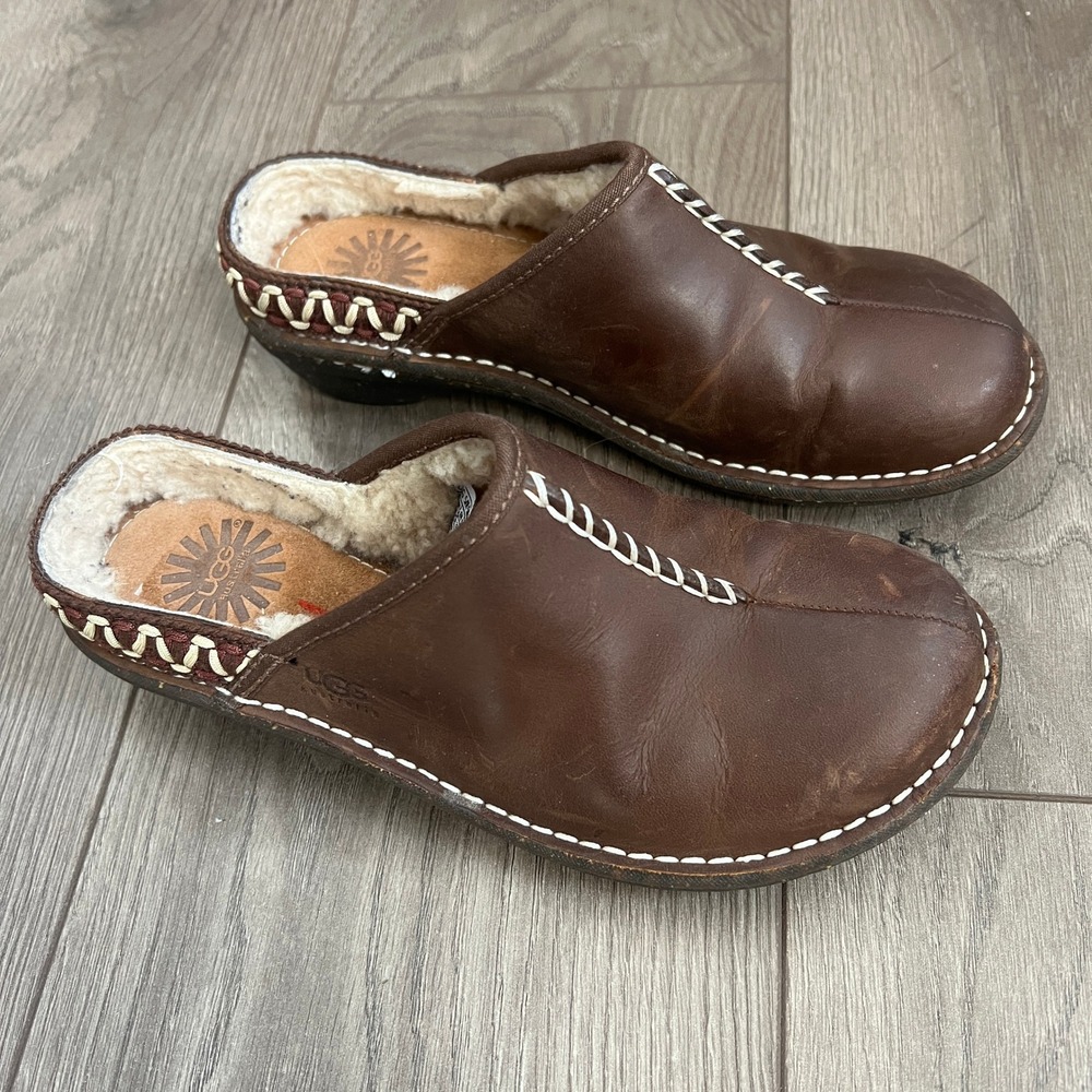 UGG Womens Brown Leather Sherpa Lined‎ Slip On Clog Shoes Size 7